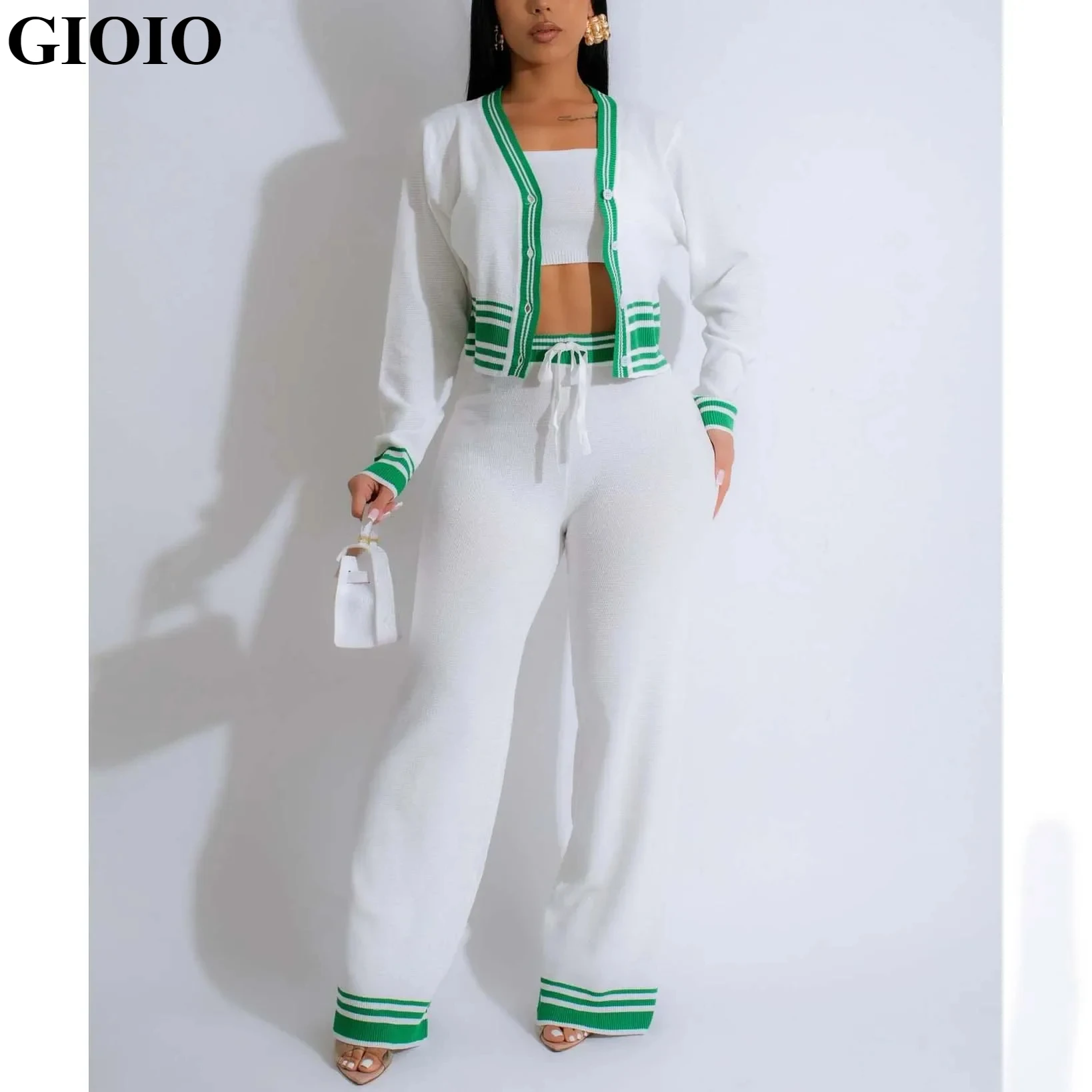 

GIOIO Winter Stripe Outfits Long Sleeve Knit Cardigan Coat Women Wide Leg Pants Casual 3 Piece Sets