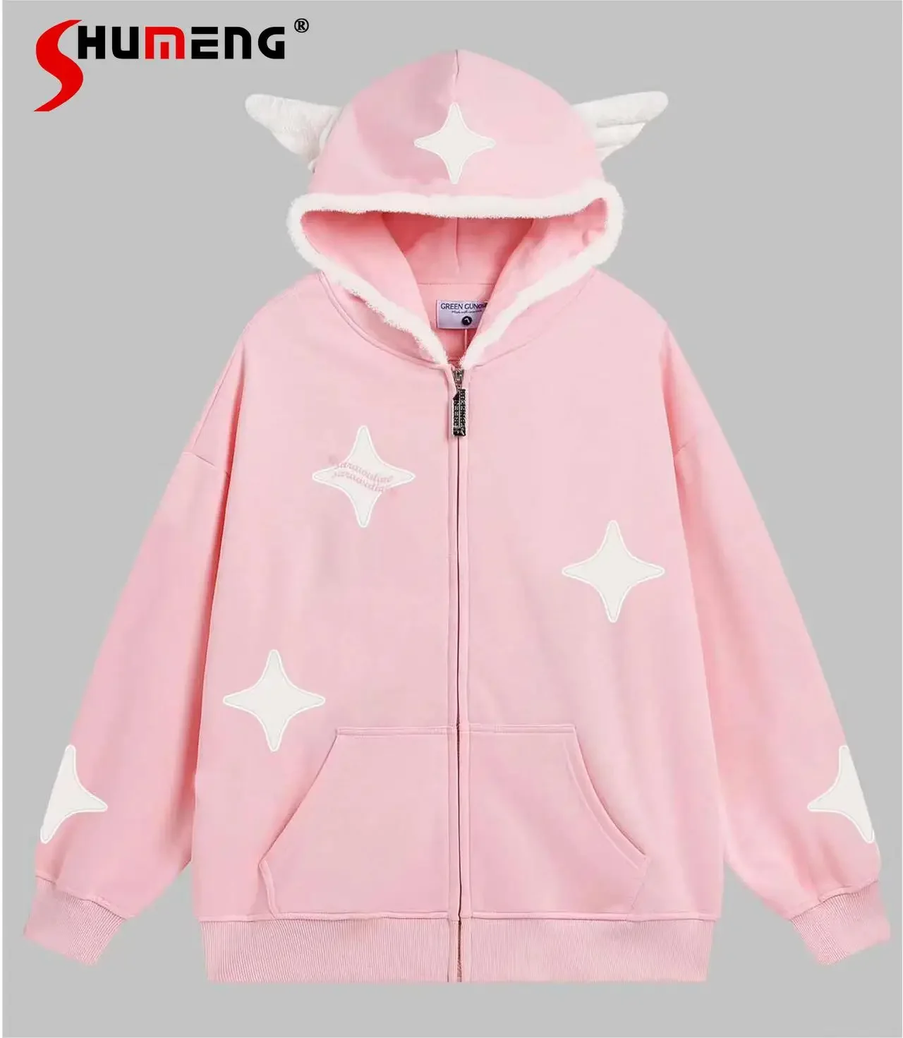 Original Cute Sweet Wings  Hooded Sweatshirt Cardigan Students 2024 Spring New Loose Couple Light Blue Long Sleeve Hoodie Coat