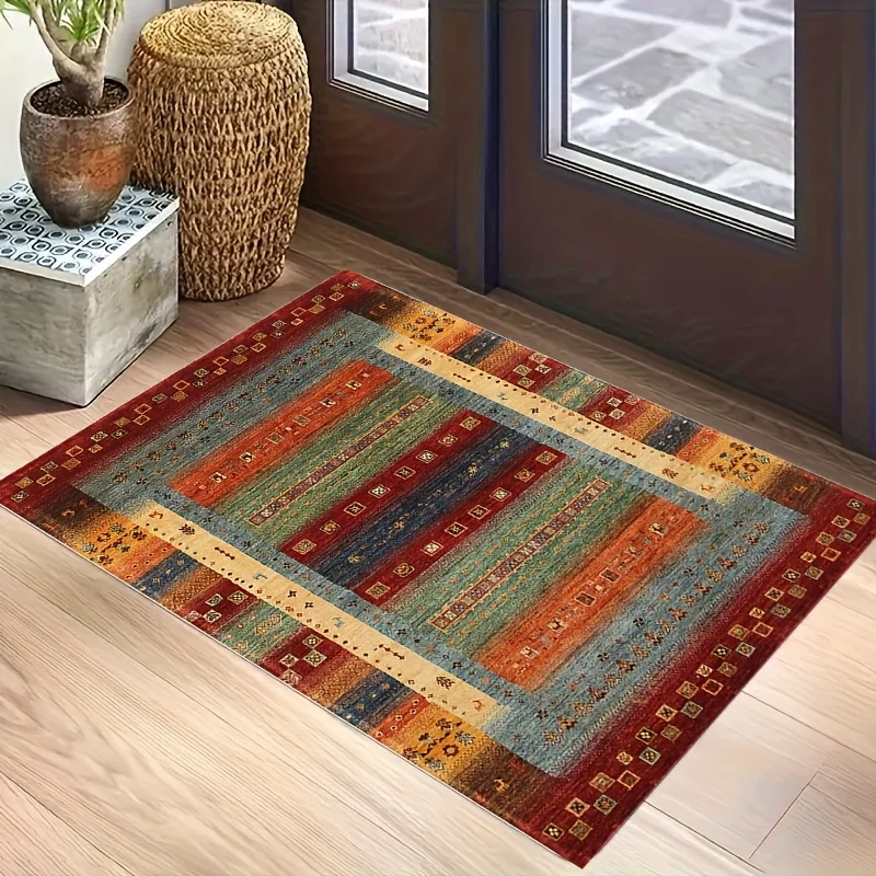 VIKAMA Bohemian Tribal Striped Area Rug,Non‑Slip Mat,Multicolor Vintage Geometric Carpet Living Room Bedroom Indoor Home Decor