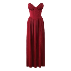 YENKYE Sexy Elegant Women Wine Red Pleated Strapless Dresses Fit And Flare Long Evening Party Dress Female Christmas Maxi Robe