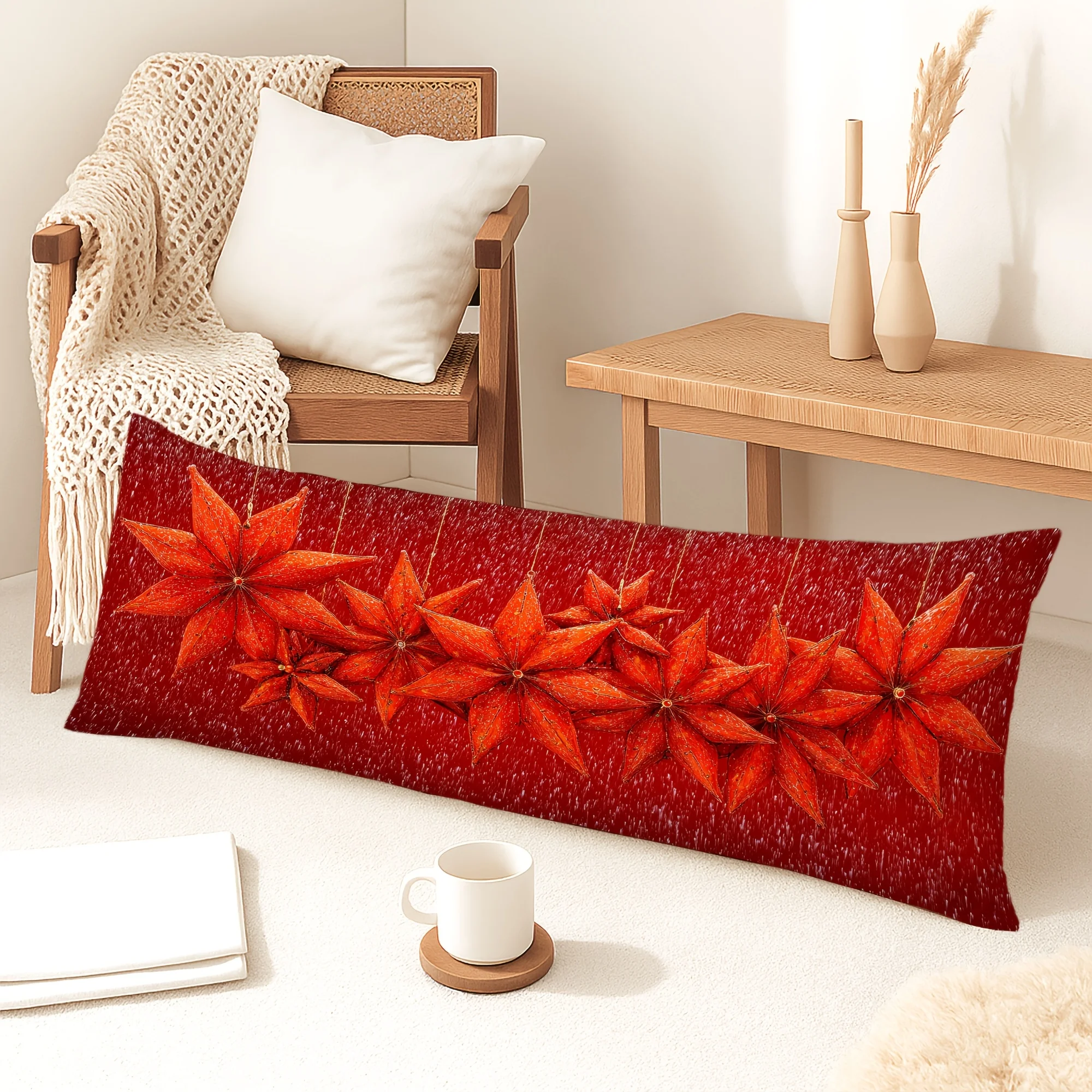 1pc Body Pillow Cover Christmas Decoration Vintage Exquisite Snowflakes Floral Red 20*54 Inches Suitable for Living Room Bedroom