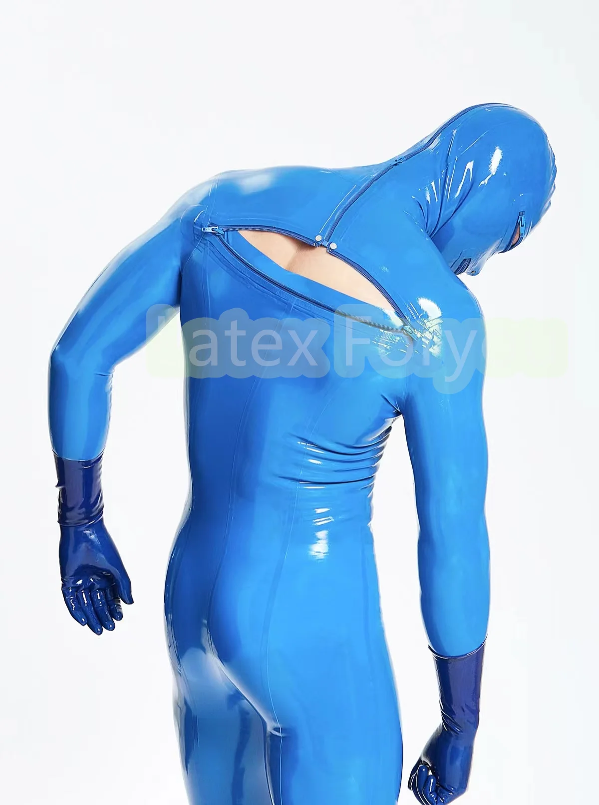 Handmade Men 100% Natural Latex Catsuit With BackT Zipper Eyes Mouth Breast Zipper Catsuit Bodysuit With Black Gloves