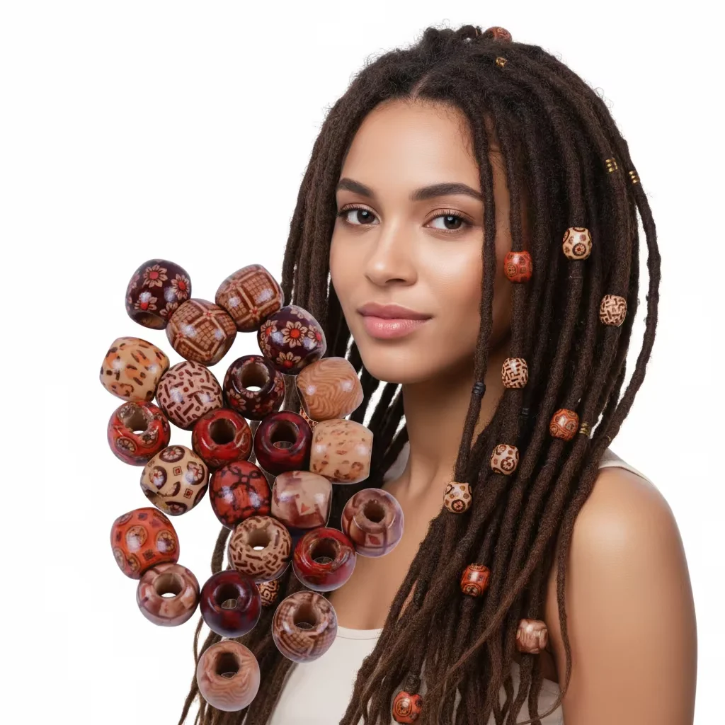 50Pcs Dreadlock Bead Wooden Hair Beads Braiding Big Hole Dreadlock Bead Ring Tubes for Braiding Hair Extension Accessories
