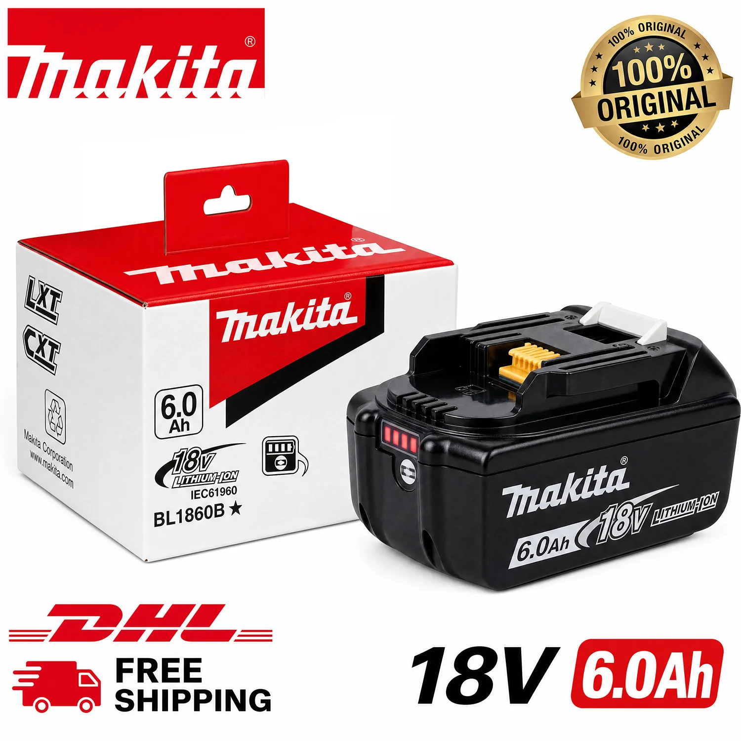 

Original Makita 18V Battery 6Ah for Makita BL1860 BL1830B BL1850 BL1850B BL1840 BL1815 Power Tools Replacement Battery