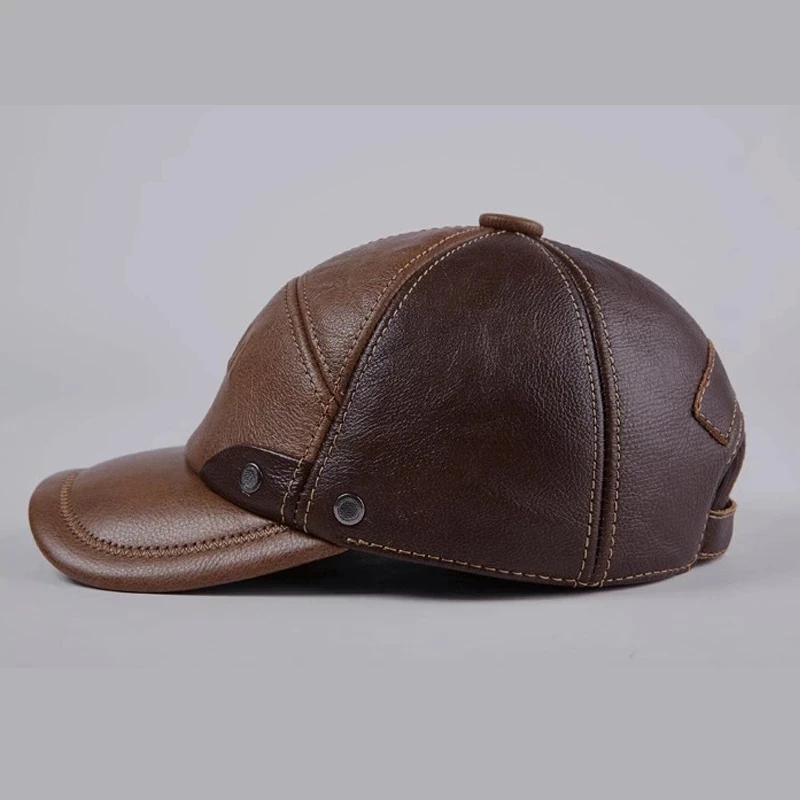 New Winter Genuine Leather Patchwork Baseball Caps For Men Warm Cowhide Golf Peaked Dome Hats Male Letters Adjustable