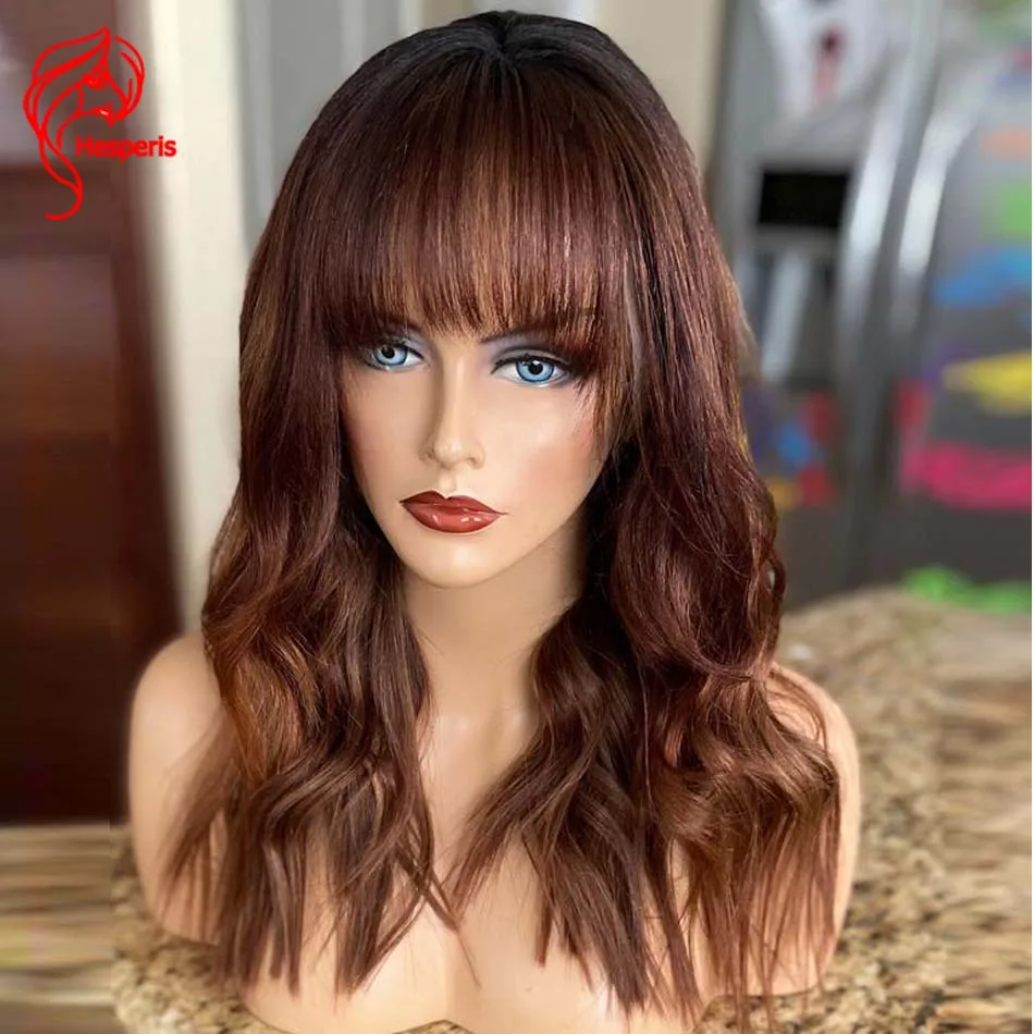 

Hesperis Body Wave Human Hair Wig With Bangs Remy Hair Light Brown Wear And Go Wig Scalp Top Full Machine Made For Black Women