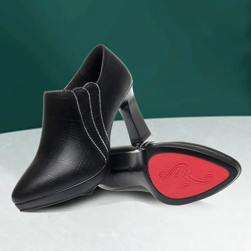 Comfortable 6.5cm  8.5cm Deep Mouth Soft Leather Shoes Women\'s Pumps 2025 Fall Block High Heels Shoes for Office Model Mom