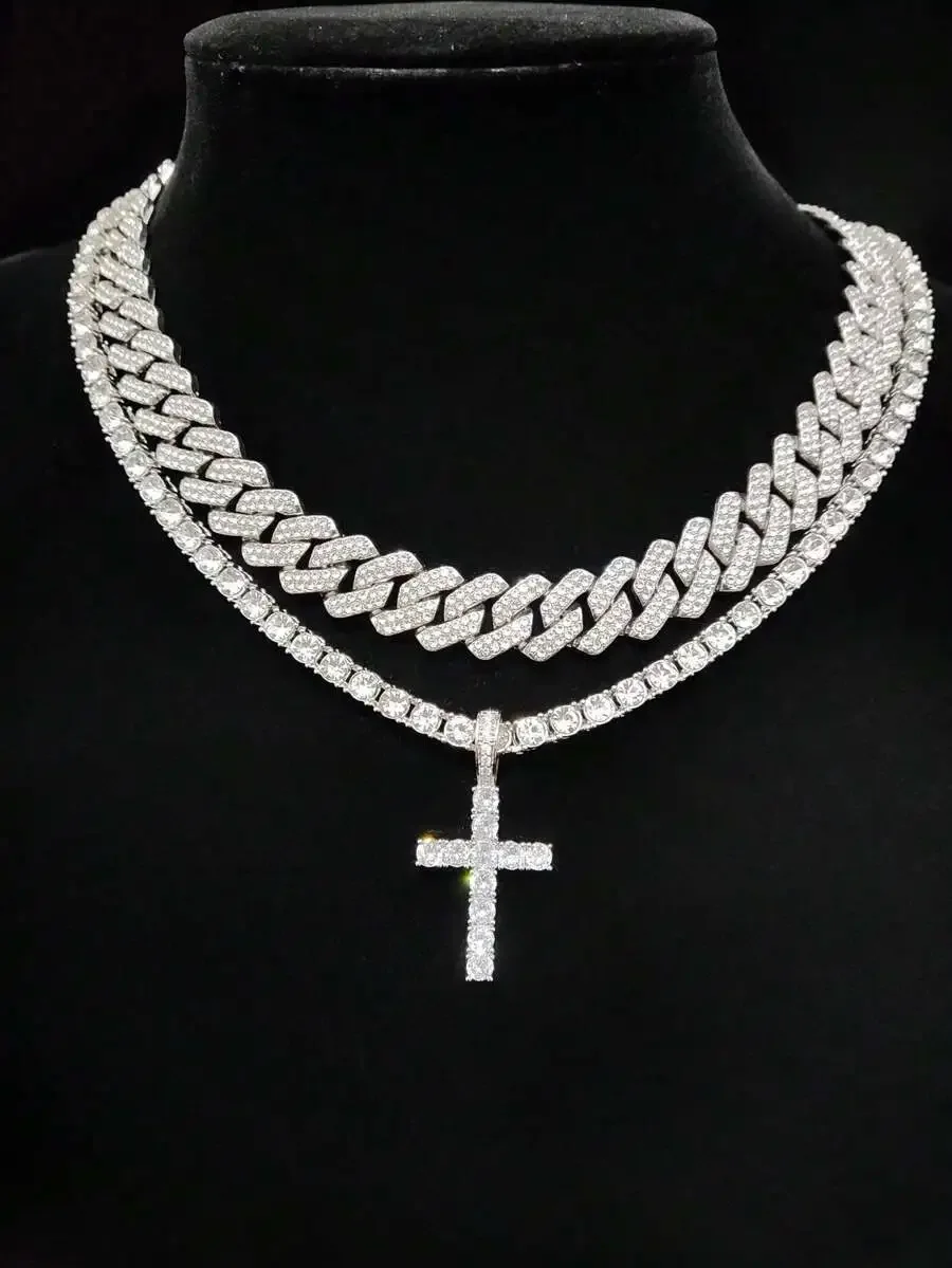 

Rhinestone Cross Pendant Layered Chain Necklace Set Unisex Fashion Jewelry For Party Daily Wear