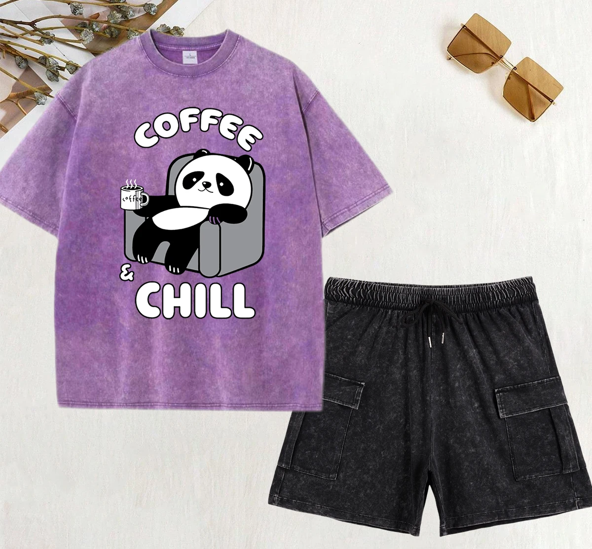 

Coffee Chill Panda Enjoying Time Printing Women Washed Shorts Set Cotton Summer T-Shirts O-Neck Clothes Loose Pocket Pants