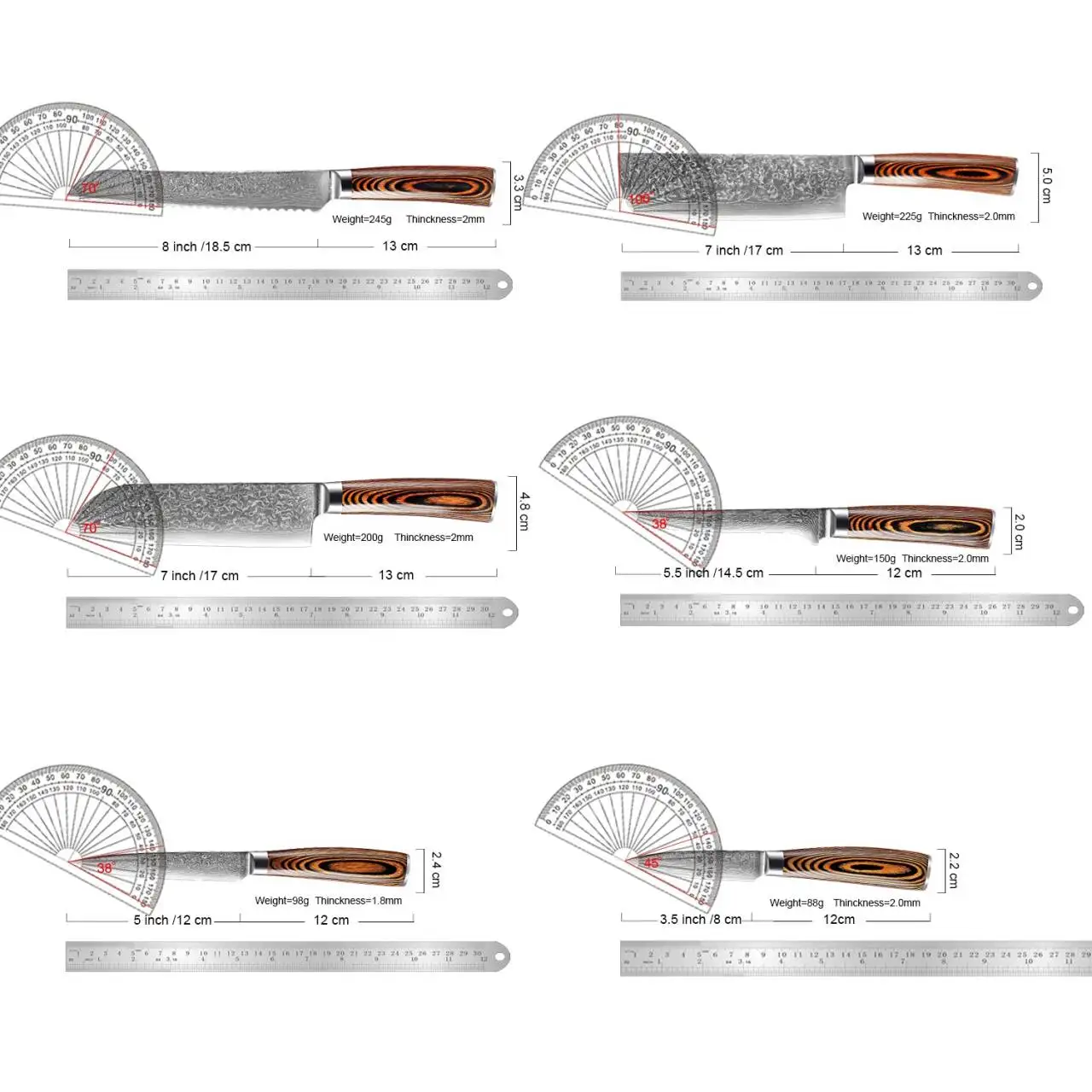 XITUO Professional Kitchen Knives Set 1-6PCS,Colored Wood Handle Damascus Steel for Bread,Santoku,Cleaver,Paring,Boning Knife