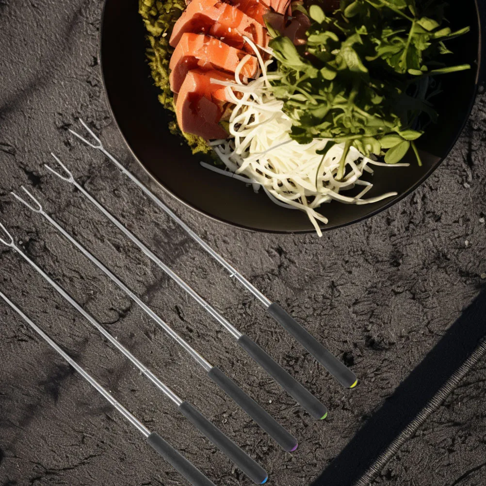 

5Pcs Stainless Steel Bbq Forks Colorful Plastic Handles Manual Rotating Roasting Hot Dogs Marshmallows Campfire Cooking Grill