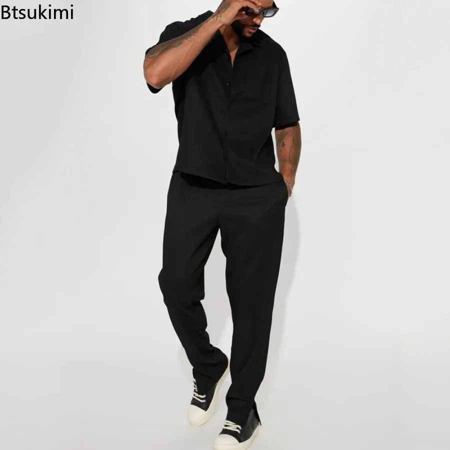 New Men's Solid 2 Piece Sets Casual Streetwear Loose Short Sleeve Lapel Shirt and Pants Outfits Spring Summer Tracksuits Sets