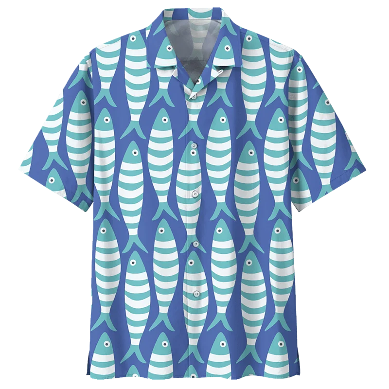 Kleurrijk Vis Hawaiiaans Shirt Voor Mannen Zomer 3D Zeedieren Gedrukt Strandblouse Oversize Revers Korte Mouw Knop Losse Shirts