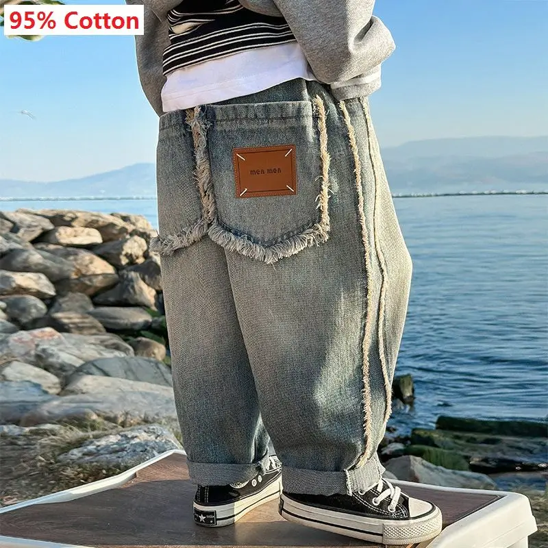 Teens Kids Streetwear Pants Boys Korean Childrens Clothing 2025 Spring New Trousers Straight Cylinder Causal Jeans Elastic Waist