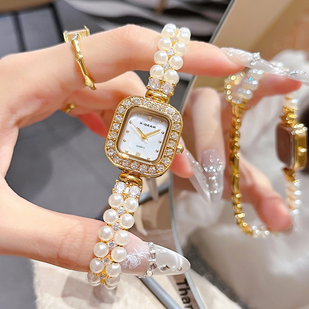ساعة X-GEAR للسيدات بمينا مربع وسوار كوارتز وساعة يد من الفولاذ المقاوم للصدأ على طراز الحفلات