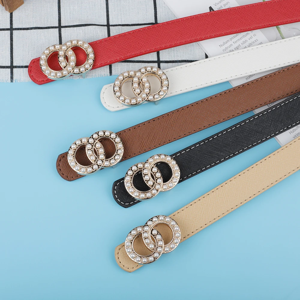 

Shiny Pearl Studded Imitation Pearl Circle Buckle Fashion Design Women Belts Pu Leather Female Jeans Waist Straps