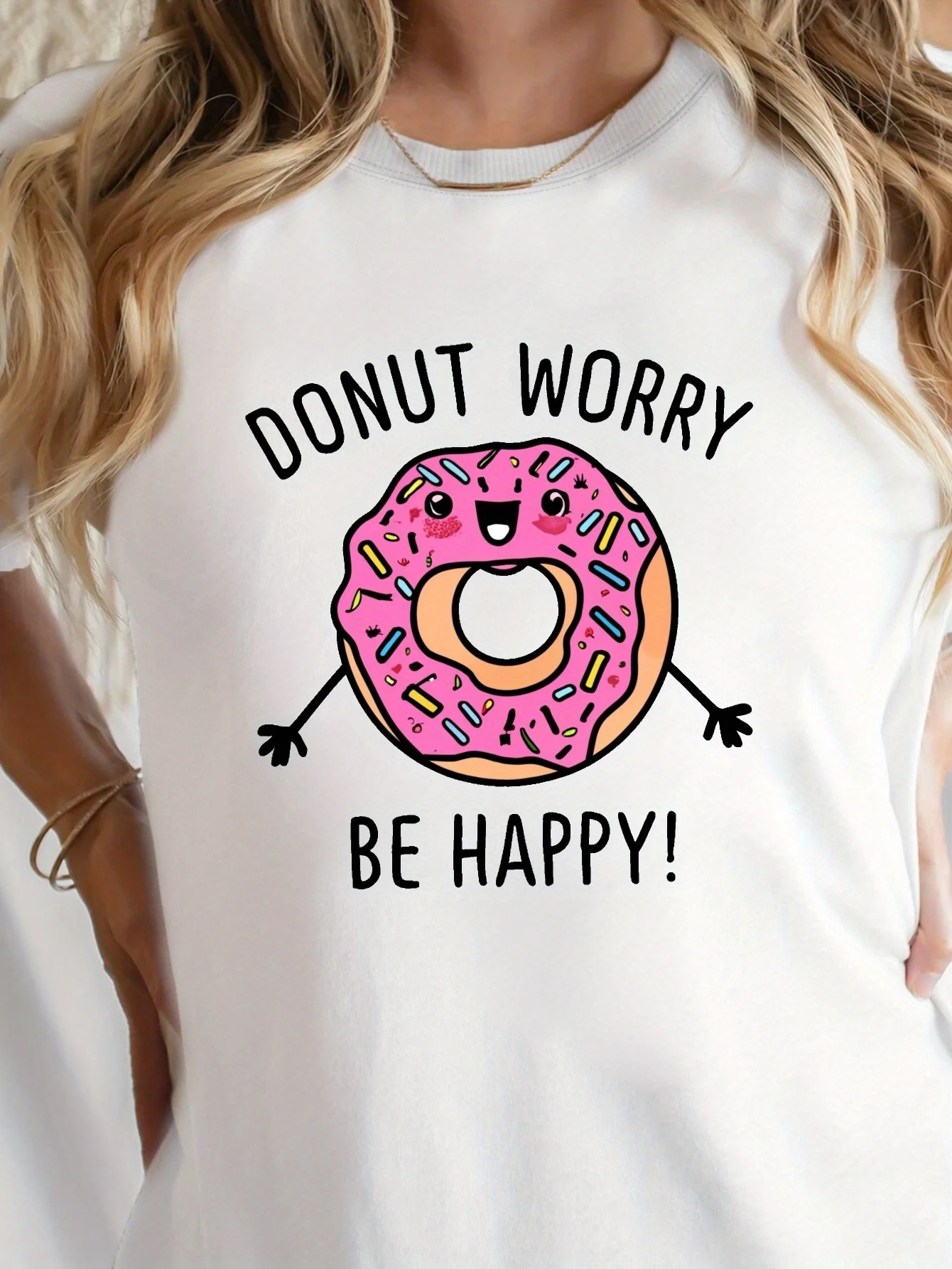 Donut Worry Be Happy Print T-Shirt Casual Short Sleeve Crew Neck T-Shirt For Spring & Summer Women\'s Clothing