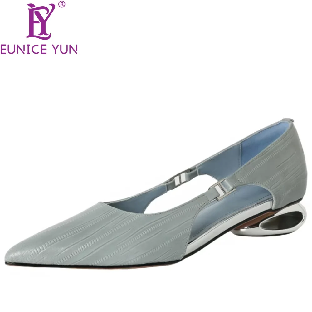 

【EUNICE YUN】New Summer Sandals Cover Toe Sandals for Women Genuine Leather Sandals Pointed Toe Low Heels Office Shoes 34-40