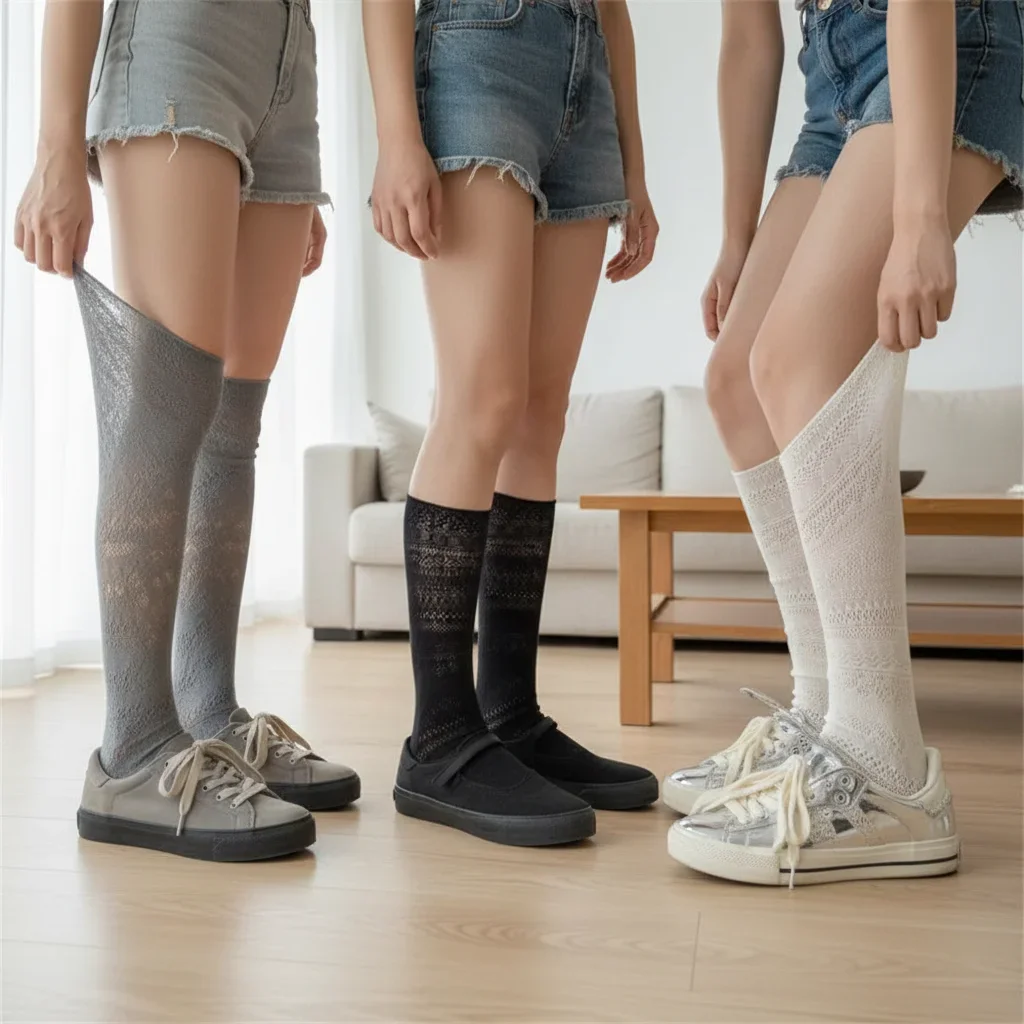 1 Pair Universal Lolita Mesh Hollowed Out White Pile Socks Thin Nylon Lace Socks Silk Transparent Crew Socks Women Ladies