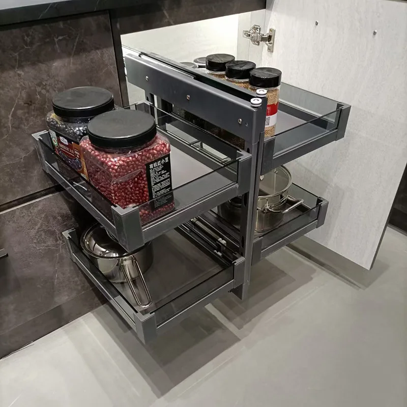 Drawer style storage rack tempered glass at the corner of the cabinet fully pull-out basket built-in kitchen