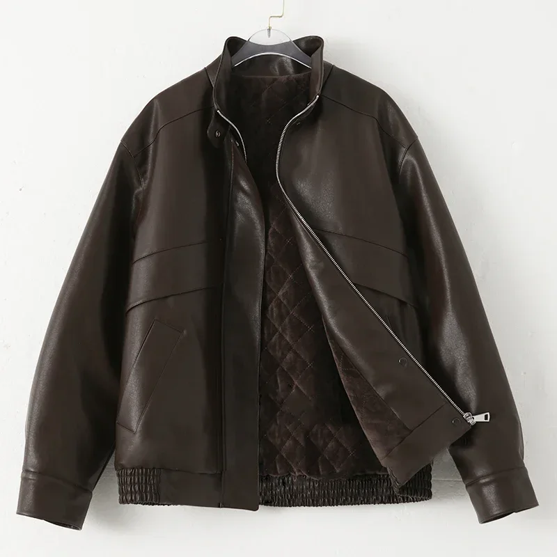 เสื้อแจ็คเก็ตแฟชั่นผู้หญิง CHIC VEN ผ้าหนา อุ่น คอตั้ง หนัง PU เทียม  เสื้อโค้ทผู้หญิง  แบบเย็บติดกัน  สำหรับฤดูใบไม้ร่วงและฤดูหนาว ปี 2025