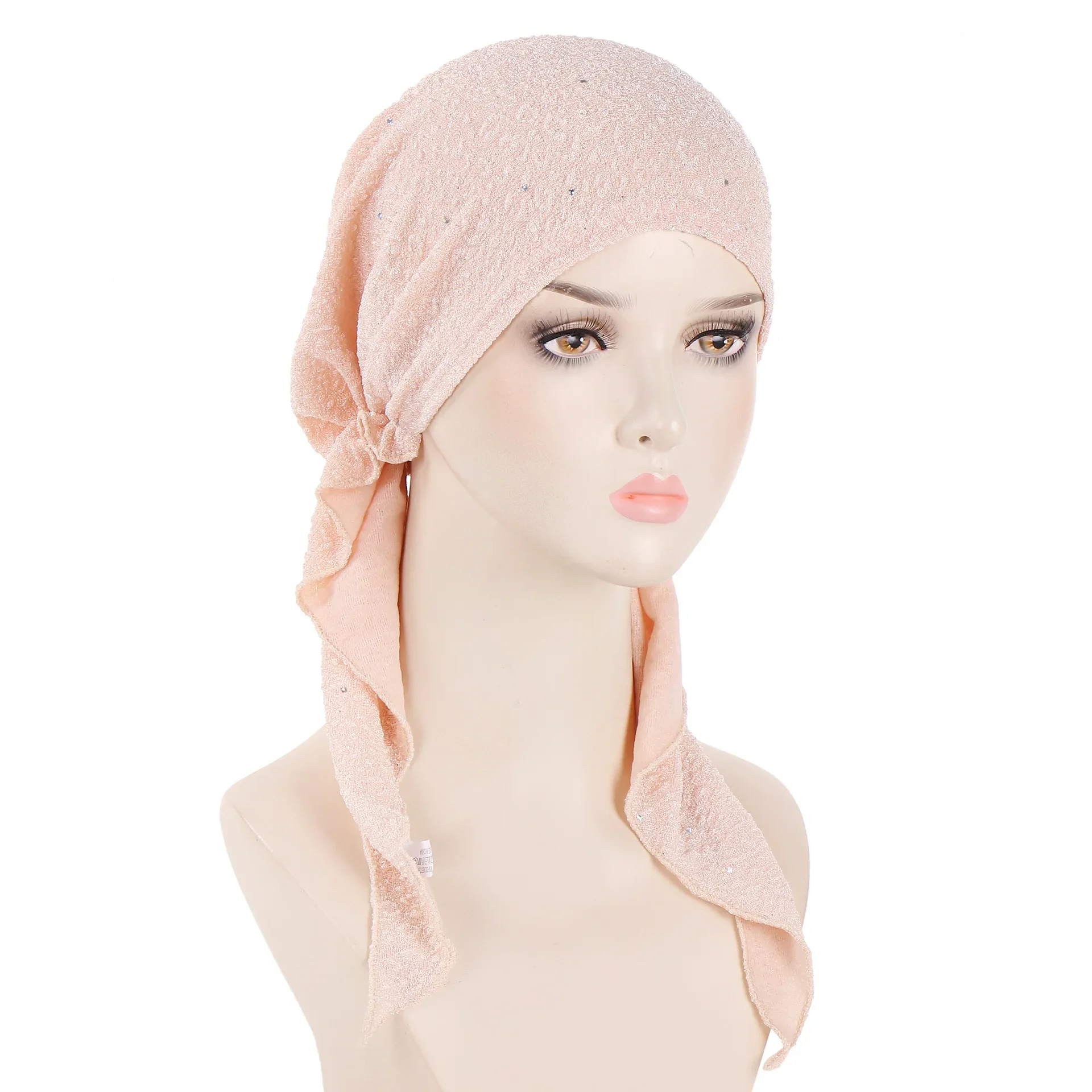 New Shimmer Pre-Tied Hat Women Muslim Hijab Turban Long Tail Headscarf Beanies Bonnet Hair Loss Chemo Cap Head Wrap Bandanas