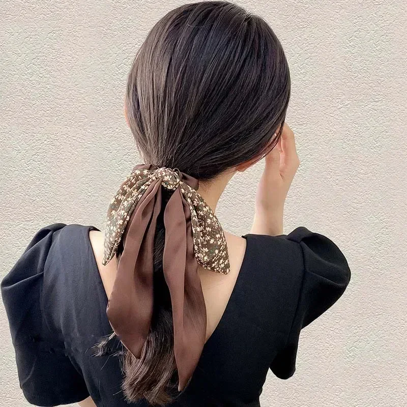 Lazos para el cabello con lazo Floral coreano para mujer y niña, elásticos dulces, cinta larga, bufanda para cola de caballo, accesorios para el cabello 2024