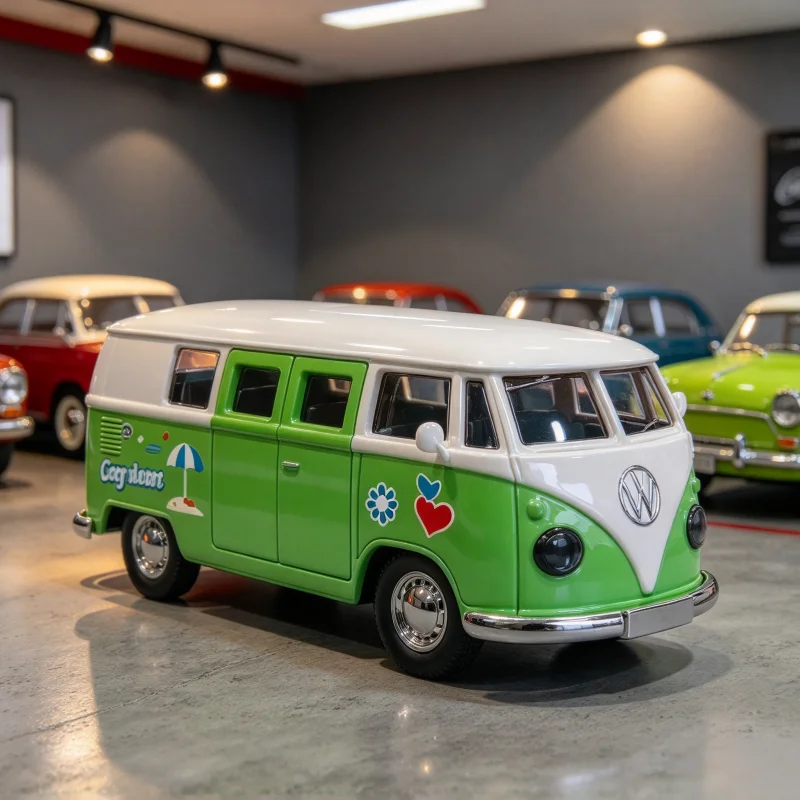 1/36Vintage Classic Van Diecast Model, Alloy Pull Back Vehicle, Openable Doors, Colorful Graffiti Painting, Desktop Display Orna