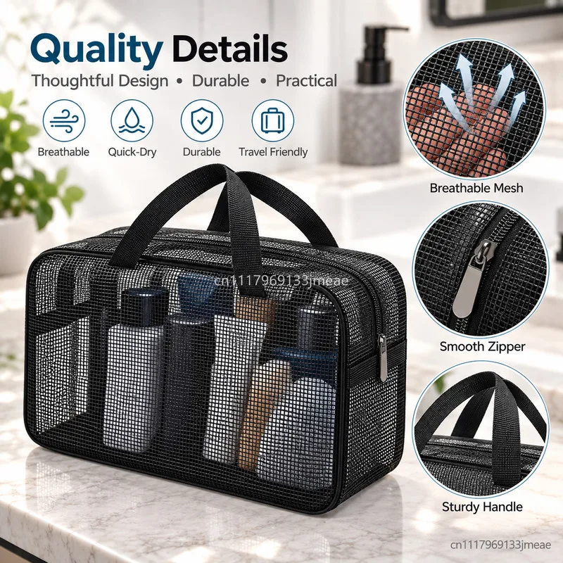 Unisex Black Mesh Laundry Bag Quick Dry Breathable Shower Caddy with Handle Large Capacity Travel Gym Bathroom Toiletry Bag