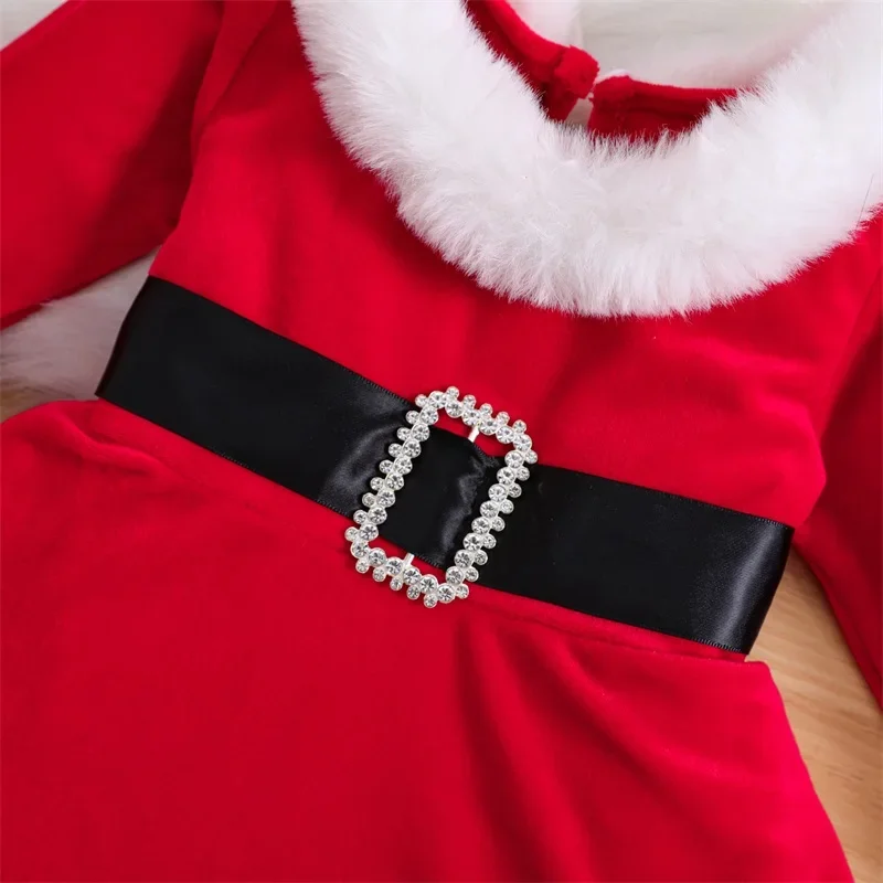 Baby Girls 2Pcs Christmas Bodysuits Outfits Long Sleeve Fur Trim Velvet Romper Dress Headband Set Newborn Winter Xmas Clothes