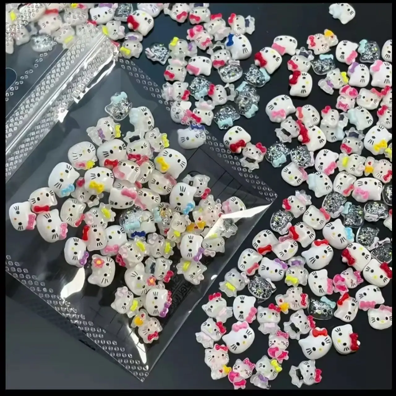 100PCS Hello Kitty 3D Resin Nail Charms Mixed Bow Kawaii Cartoon Cat Nail Art Decor Flat Back DIY Manicure Accessories