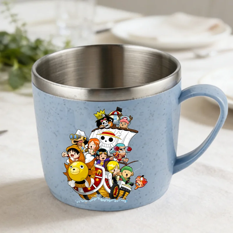 One Piece Double Layer Anti-scalding Stainless Steel Cups Kid Plastic Handle Coffee Milk Mug Luffy Water Cup Home Office Tumbler view 2