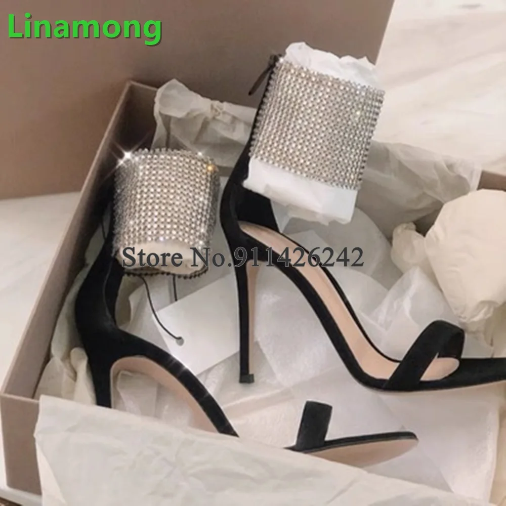 

Black Ankle Crystal Cover Back Sandals For Female Women 2024 Thin High Heel Sexy Elegant Shallow Round Toe Summer Dress Shoes