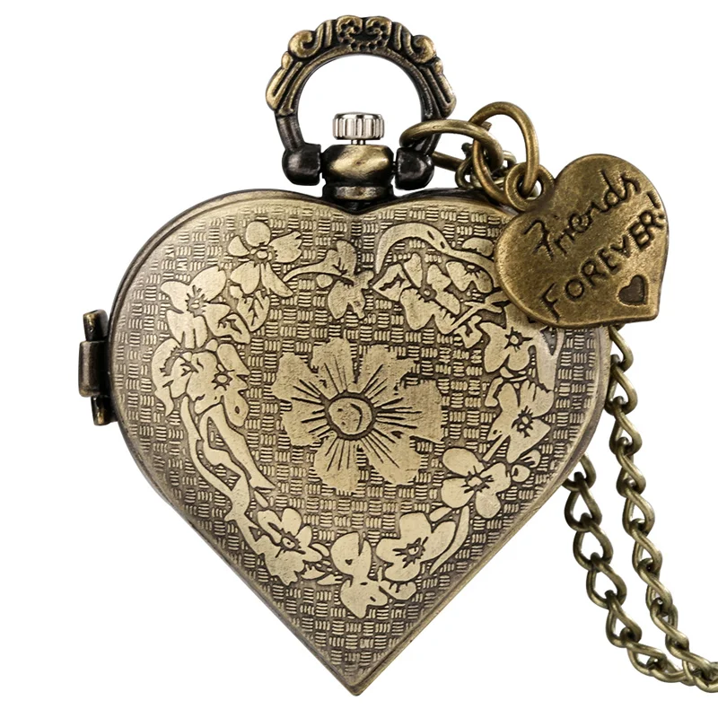 Antique Heart Shaped Hollow Out Quartz Pocket Watch Bronze with