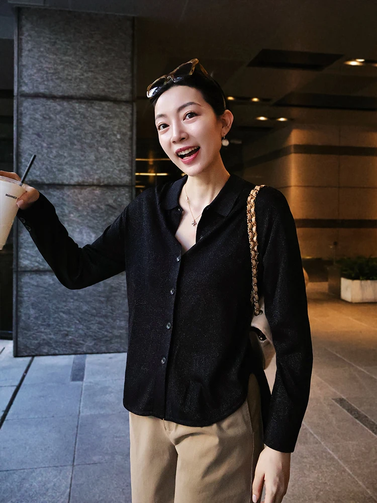 

ZINCCA Women's Bla Silk irt Celebri Sle Autumn Faion Versatile Top Straight Cut Long Sve Button down Pure Color