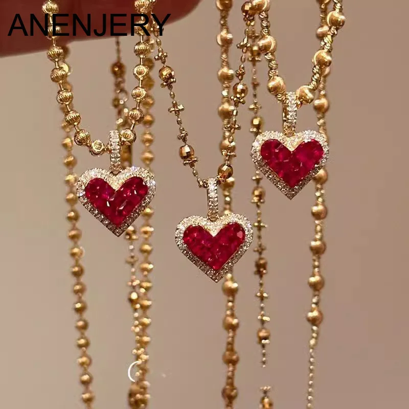 ANENJERY-collar con colgante en forma de corazón con brillo de circonita AAA roja para mujer, cadena de clavícula con diseño Y2K, regalos de cumpleaños para niñas