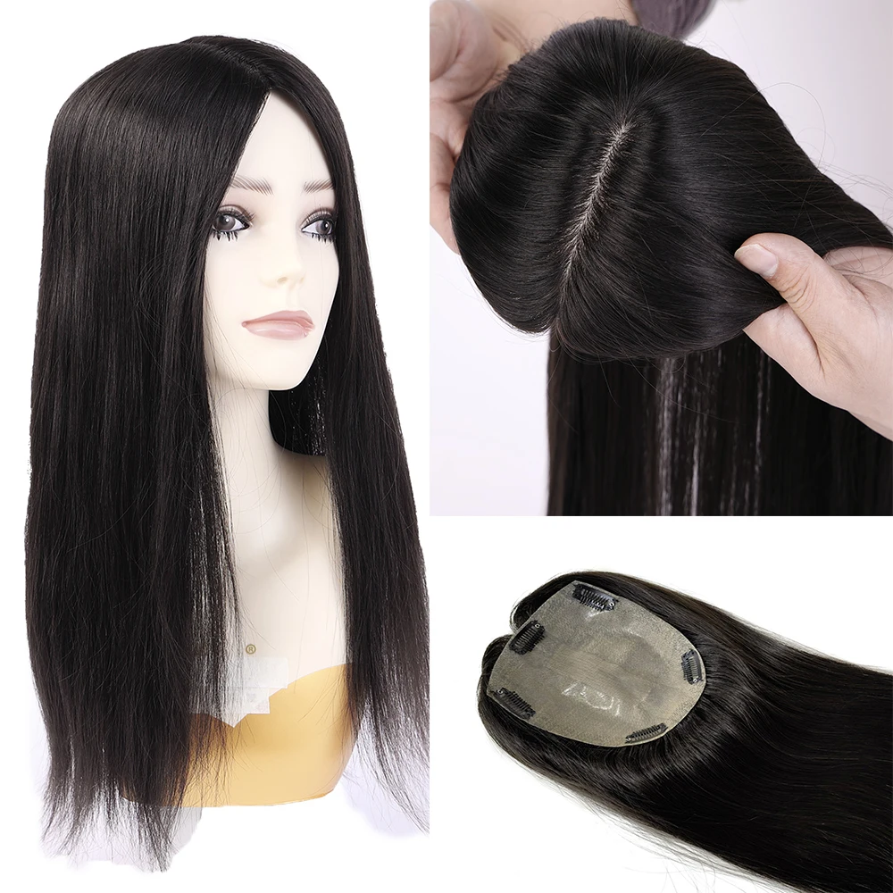 PU Silk Base Human Hair Topper With 5 Clips In Silk Top Hair Extension Remy Hair Toupee for Women Hairpiece 15X16CM
