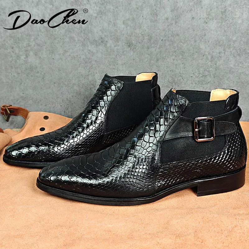 

Winter Luxury Men Ankle Boots Shoes Black Brown Snake Printed Slip On Chelsea Buckle Strap Genuine Leather Dress Men Boots