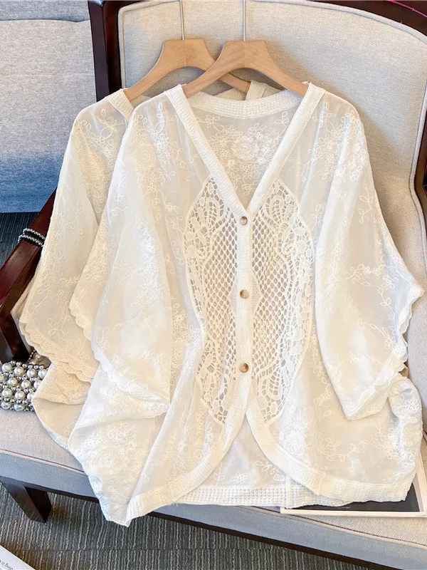 

Bohemian V-Neck Hollow out Shirt Jacket plus Size Women's Summer Batwing Sleeve Open Cardigan Sun Protection Outerwear Top