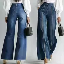 Women's High Waisted INS Style Gold Zipper Wide Leg Straight Tube Fashionable Casual Loose Slanted Pocket Denim Pants