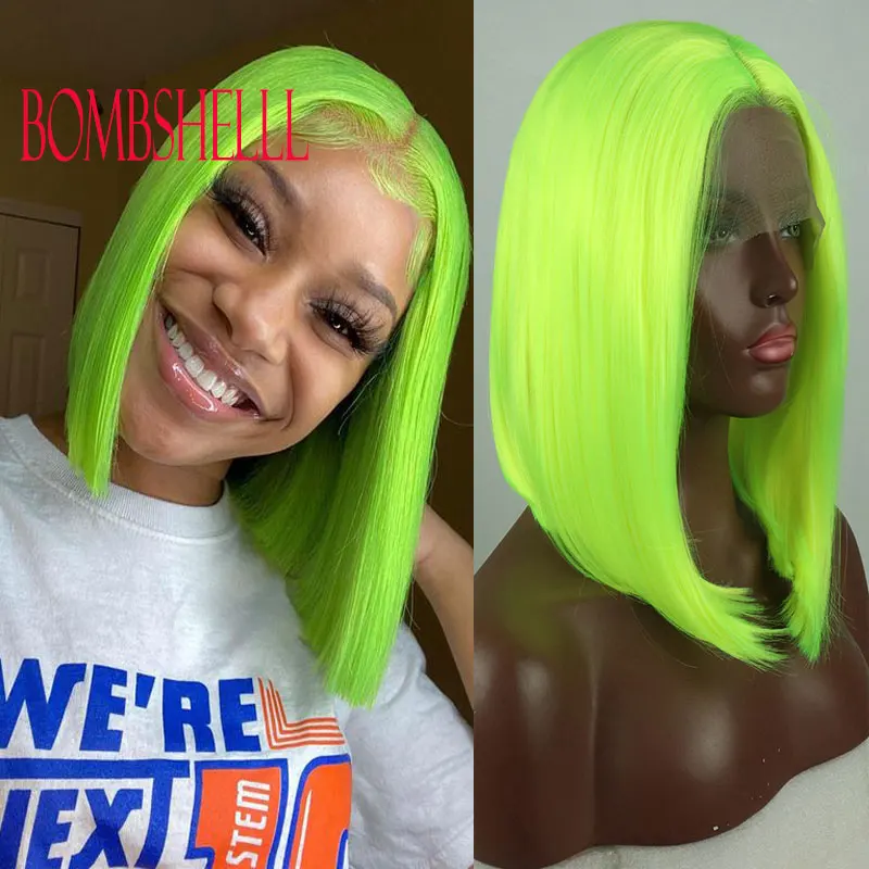 Bright Green Short Straight Bob Synthetic 13x4 Lace Front Wigs High Quality Heat Resistant Fiber Hair Middle Parting For Women