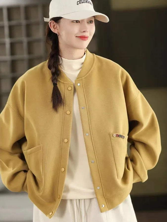 Jaqueta de Mole de Aodão Tricotado Autêntica Estilo Outono com Gola de Beisebol Ajuste Solto para Mulheres Casaco de Inv...