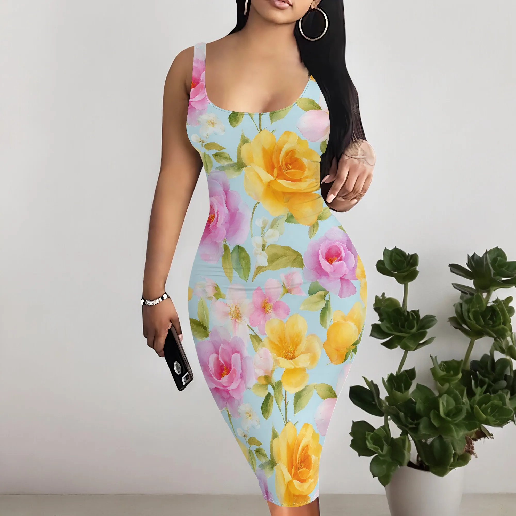 مثير الصيف المرأة عارضة التعادل صبغ جولة الرقبة أكمام نادي الشاطئ Bodycon ميدي تانك اللباس فساتين الشمس