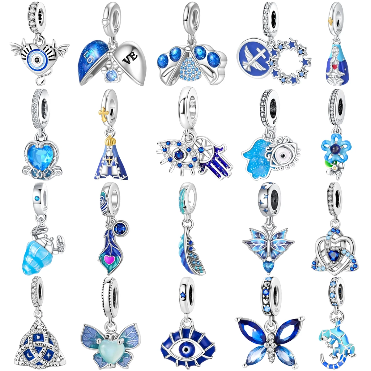 Original 925 Charms Sterling Silver Blue Butterfly Eyes Flower Lizard Hand Pendant for Necklace DIY Bracelet Ladies Jewelry Gift