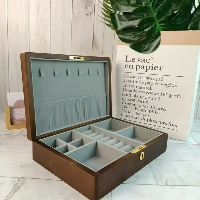 Exquisite Lockable Wooden Jewelry Box Vintage High End Ring Earring Solid Wood Organizer Necklace Storage Case Gift for Women