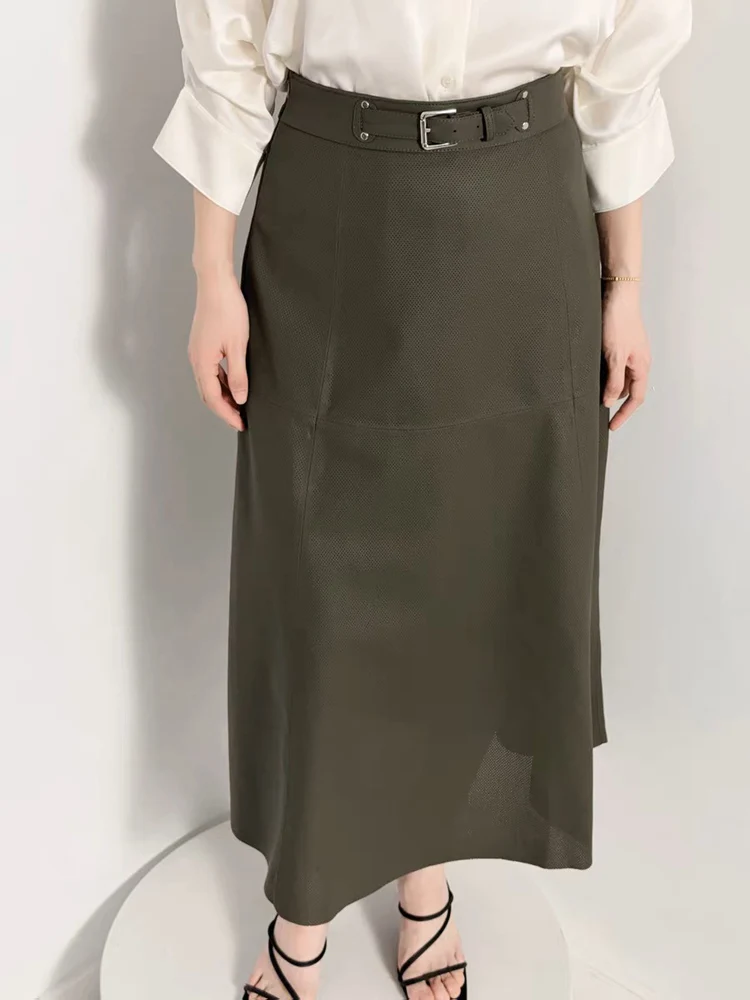 Real Leather Long Skirts For Women Natural Lambskin Hollow Out Perforated 85cm Jupe Waist Belt Falda Larga Wave Red Spódnice