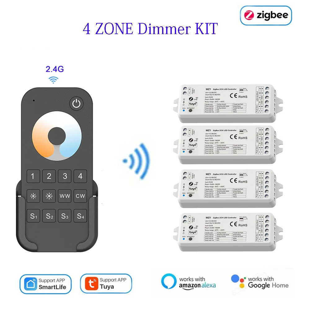 ZigBee RF 2CH LED Controller APP Voice Smart Dimmer 12V 24V 36V 4 Zone LED Strip Dimming Kit Wireless 2.4G RF Remote Control