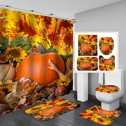 4Pcs Halloween Shower Curtain Sets with Toilet Lid Cover and Bath Mat Pumpkin Maple leaf Waterproof Curtain Bathroom Decoration