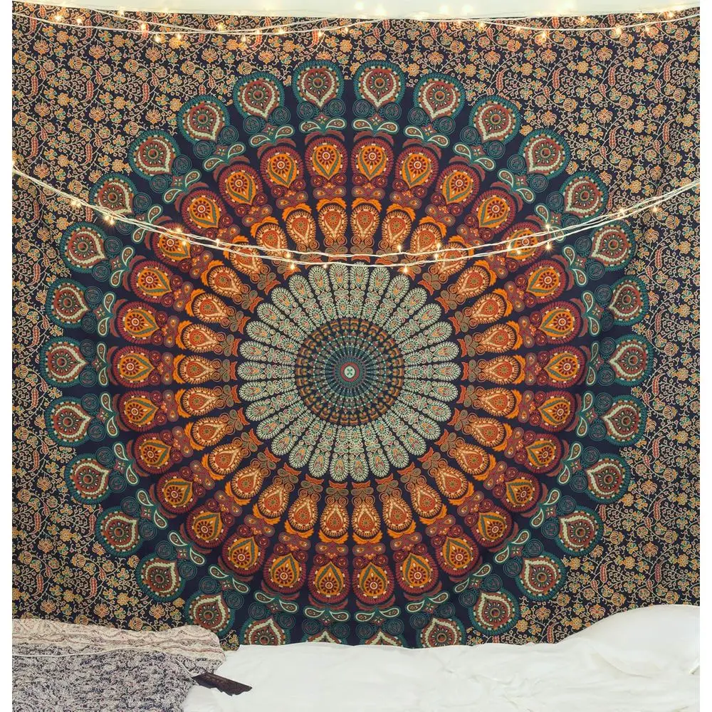

Colorful Mandala Tapestry Wall Hanging, Bohemian Style, 90 x 108 (230cm x 270cm), Indian Inspired Floral Design Bedspread