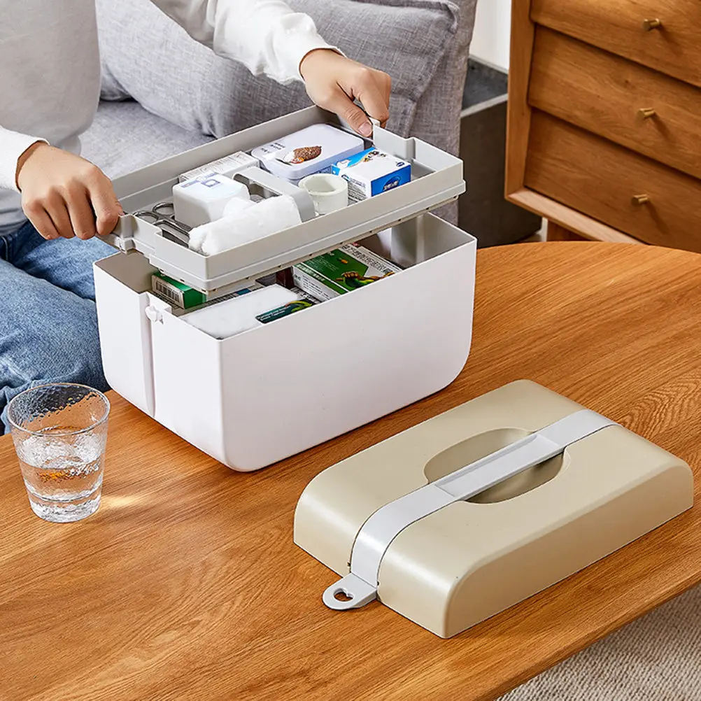 Brown Size L Emergency Medicine Case Plastic Portable Multi-Functional Medicine Storage Box First Aid Kit Storage Organizer